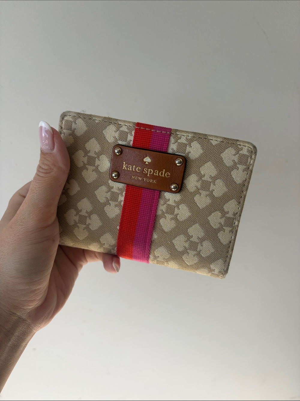 kate spade Beige Card Case with Pink and Red Center Stripe